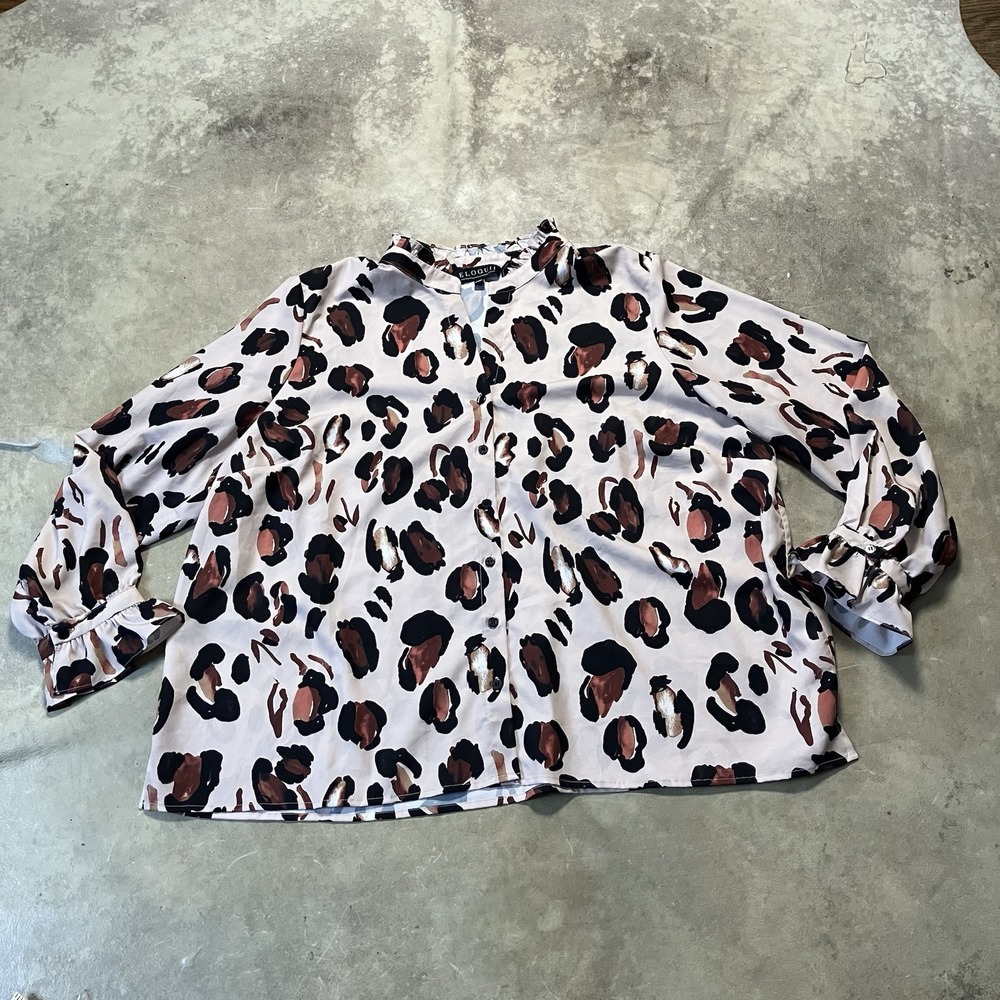 Eliquii Shirt Womens Size 24 Printed Button Down Ruffle Neck Blouse Panthera